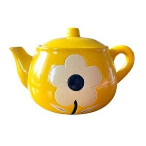1960s Flower Power Yellow Daisy Flower Ceramic Tea Pot Decor Planter Bohemian